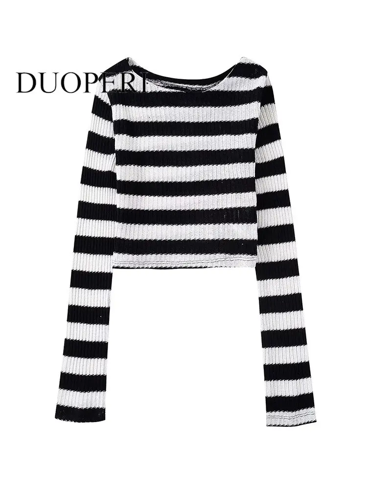 

Модный женский полосатый вязаный укороченный пуловер DUOPERI, свитер, винтажные женские шикарные топы с круглым вырезом и длинными рукавами