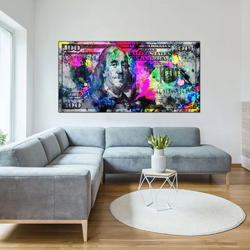 

Modern Money Colorful 100 USD Gold Wall Art Canvas Painting Street Prints Abstract Poster Picture Living Room Bedroom Home Decor