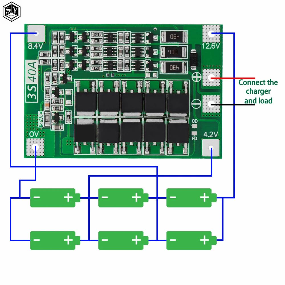 Фото Плата защиты литий-ионных аккумуляторов 3S 4S 40A 60A, BMS для 18650, 14.8В/16.8В, с балансировкой, SMD, настраиваемый модуль №2