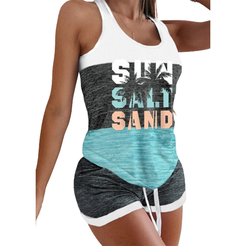 Women Casual Sleeveless Set Sleepwear Sun Salt Sand Color Block Coconut Tree Tank And Shorts Pajamas Set Comfortable Casual New