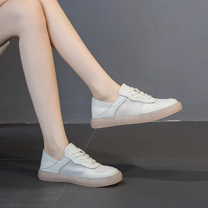 

Женские кроссовки из воловьей кожи, с верхним слоем, дышащая сетчатая обувь на мягкой подошве, белые, для медсестер, летняя обувь на плоской ...