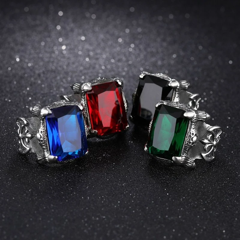 

Vintage Metal Inlaid Zircon Men's Rings with Square Glass Stone Exquisite Carve Patterns Male Ring Bohemian Jewelry Trend
