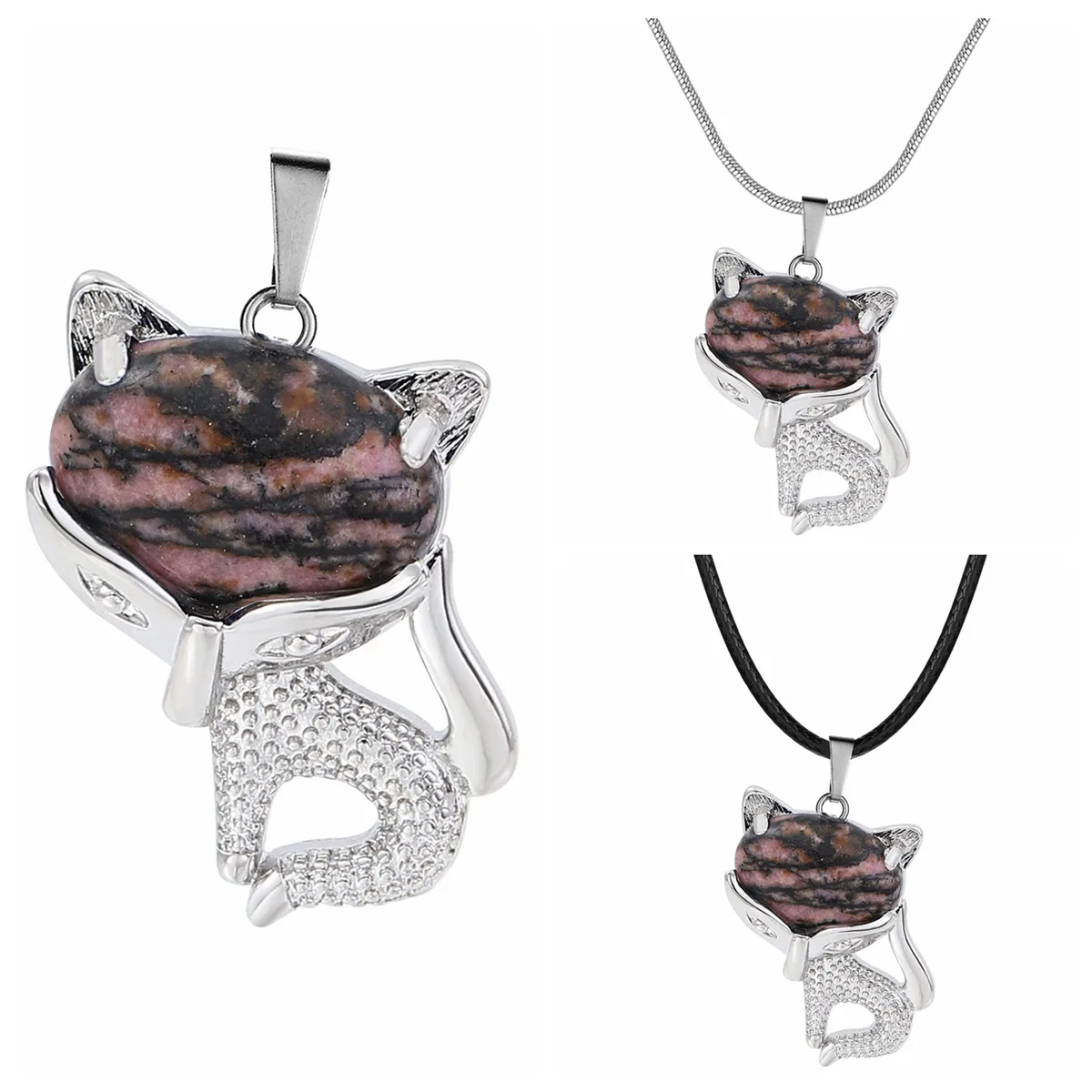 

Rhodochrosite Fox Pendant Gemstone Necklace for Women Men 18" Chain Healing Chakra Crystal Amulet Animal Choker Jewelry
