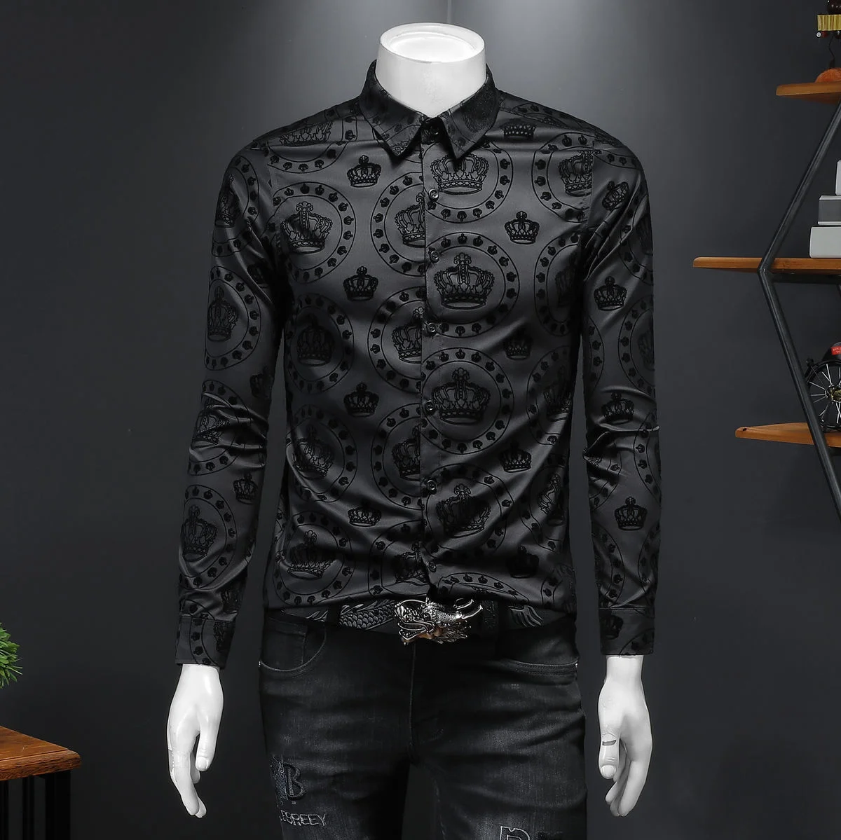 

Luxury Black Crown Flocking Men Shirts Business Formal Dress Shirt Long Sleeve Casual Shirt Men's Shirt Camisa Social Masculina