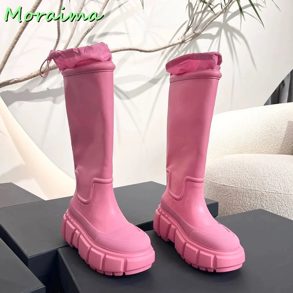 Round Toe Thick Bottom Women Long Rain Boots Knee High Slip On Pink Solid Fashion New Arrivals Hot Selling Autumn Winter Casual