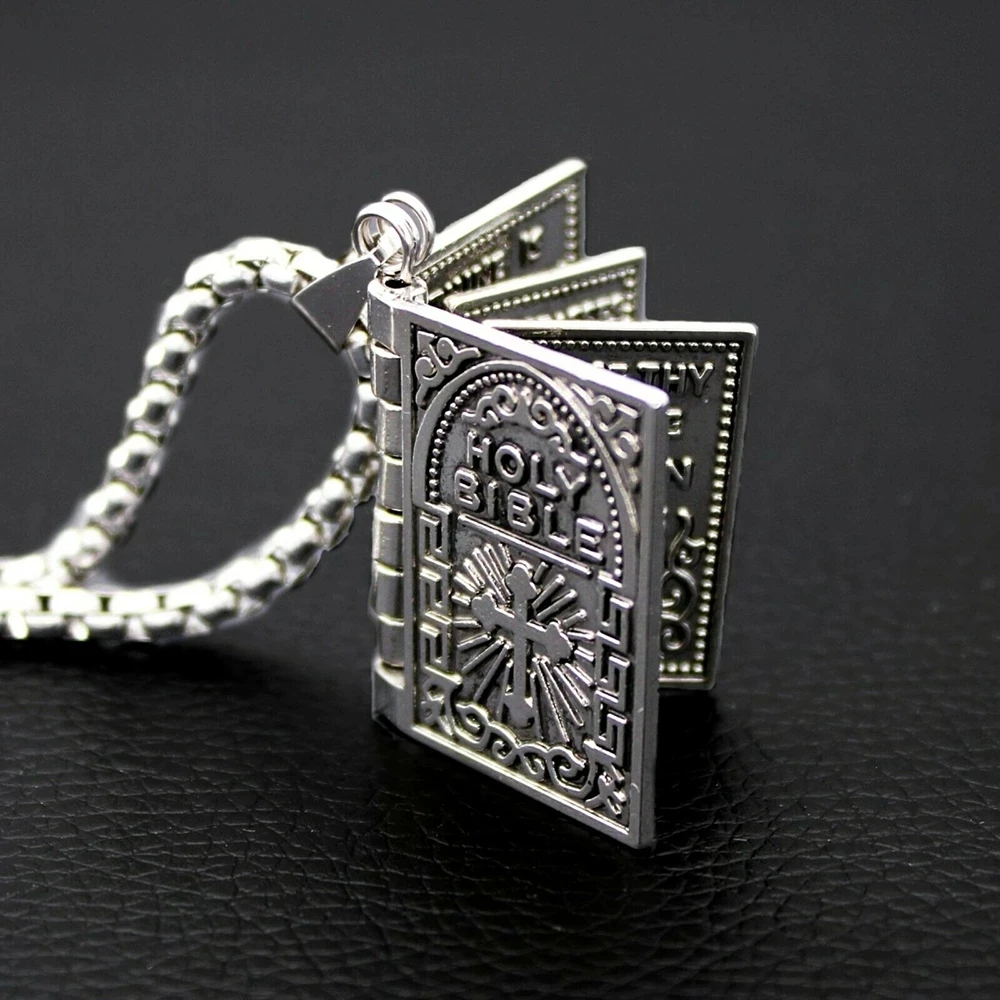 

Classic Religion Necklace Openable Holy Bible Book Pendant Stainless Steel Chain Christian Catholicism Orthodox Jewelry Gift