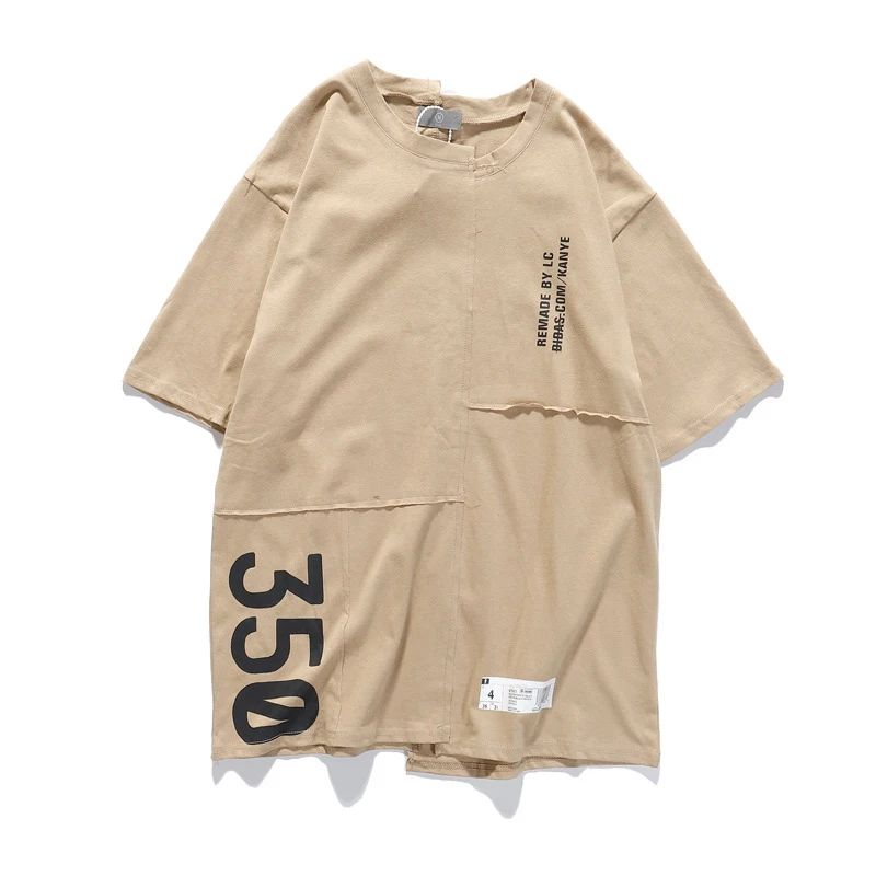 Kanye West Spoof Asymmetric Men Summer 350 T-Shirts Hip Hop Streetwear Khaki Oversized Tops Tees Casual Letter Print TShirts