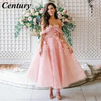 century chic tea length a line lace prom dress sweetheart off shoulder straps evening dress hand made flowers party dress robe