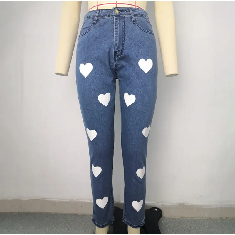 New Y2K Oversize Printed Heart Shaped Jeans Mommy 2XL Retro Street Women Women's Blue High Stretch Sexy Skinny Pencil Jeans