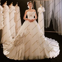 4394# Luxury Sleeveless Bow Wedding Dress 2022 Elegant Satin Pearls Ball Bridal Gown Off Shoulder Lace-Up Train Robe De Mariée