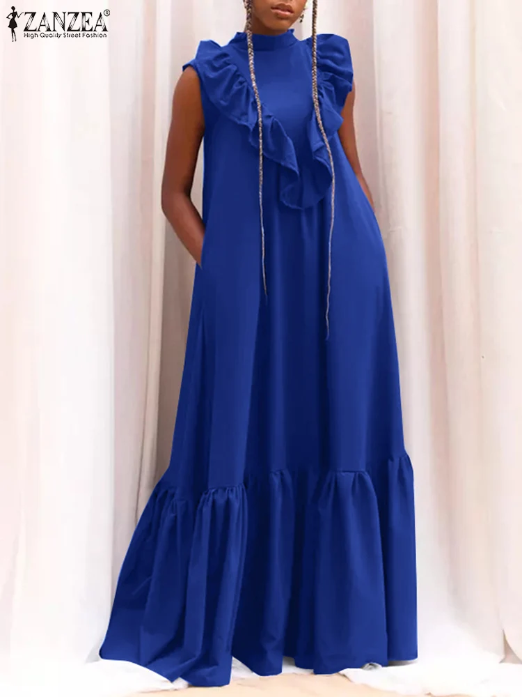 

2022 ZANZEA Women Ruffle Dresses Oversized Fashion OL Maxi Long Vestidos Casual Solid Sleeveless Baggy Sundress Party Robe Femme