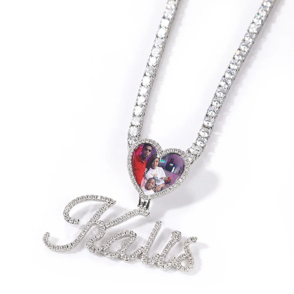Hip Hop Jewelry Custom Name Photo Pendant Heart Hook Necklaces Pictures Pendants Cubic AAA Cubic Zirconia Micro Paved Chain