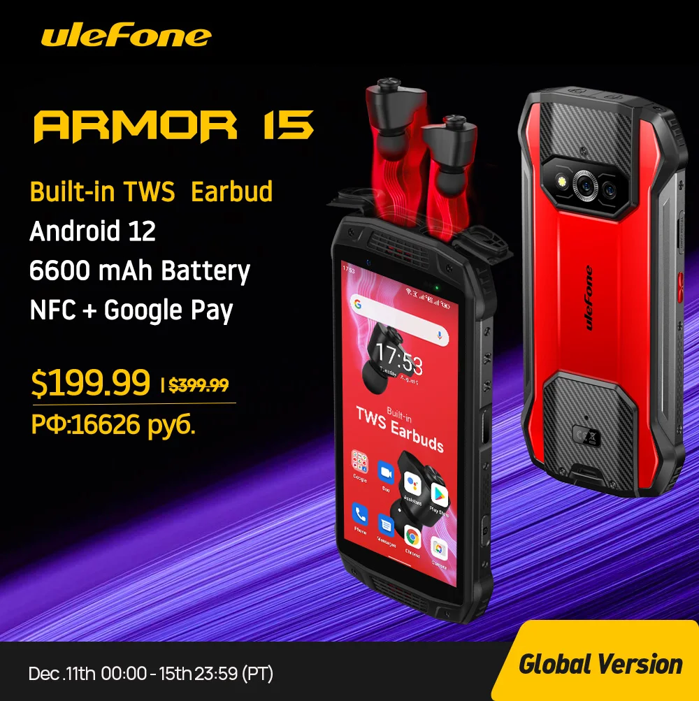 Ulefone Armor 15 Защищенный телефон Android 12 Встроенные наушники TWS  Смартфон 6600 мАч 6 ГБ +128 ГБ NFC 2,4 Г/5 Г WLAN Водонепроницаемые  Мобильные ...
