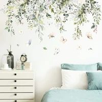 watercolor green leaves floral wall sticker removable peel and stick wall decal mural living room interior home decoration