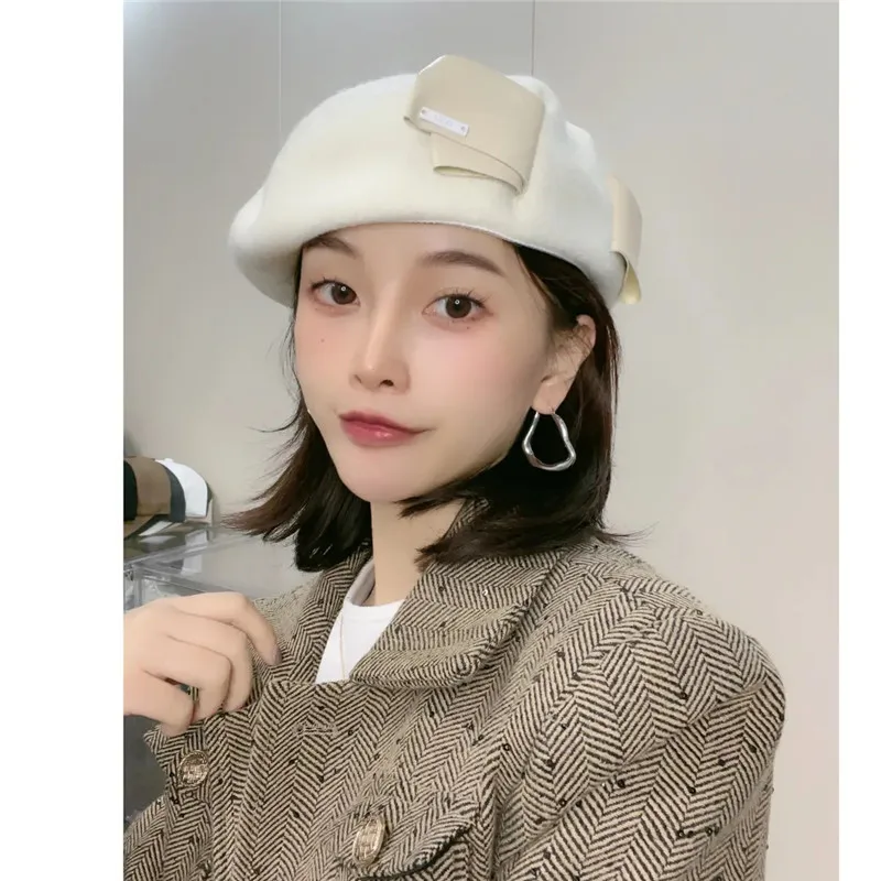 

202212-xx winter dropshipping japan style wool felt pu big bowknot lady beret hat women Leisure painter hat