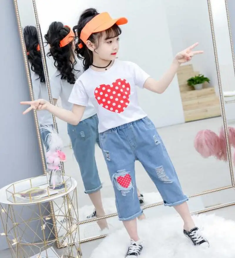 

Girls Clothes Set Summer Teens Kids Clothing Children Sports Suit Short Sleeve T-shirt+Denim Pants Girls Outfits 4 6 8 10 12 Yrs