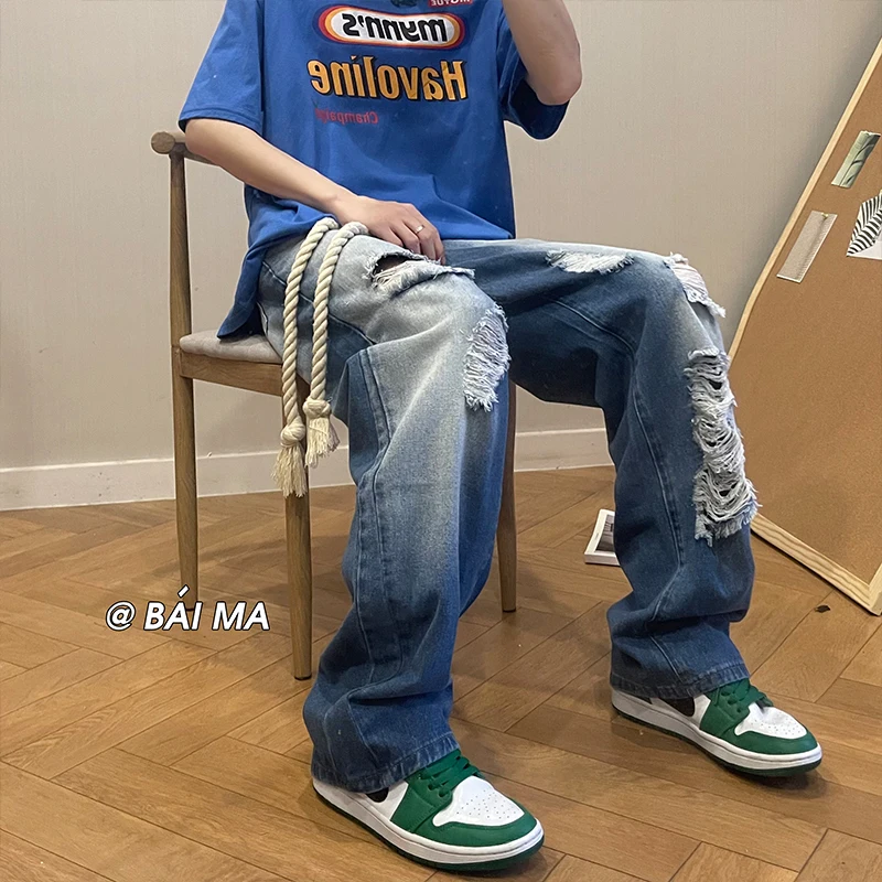 Summer Belt Ripped Jeans Men Fashion Casual Wide Leg Jeans Men Streetwear Loose Hip Hop Straight Denim Pants Mens Trousers S-2XL