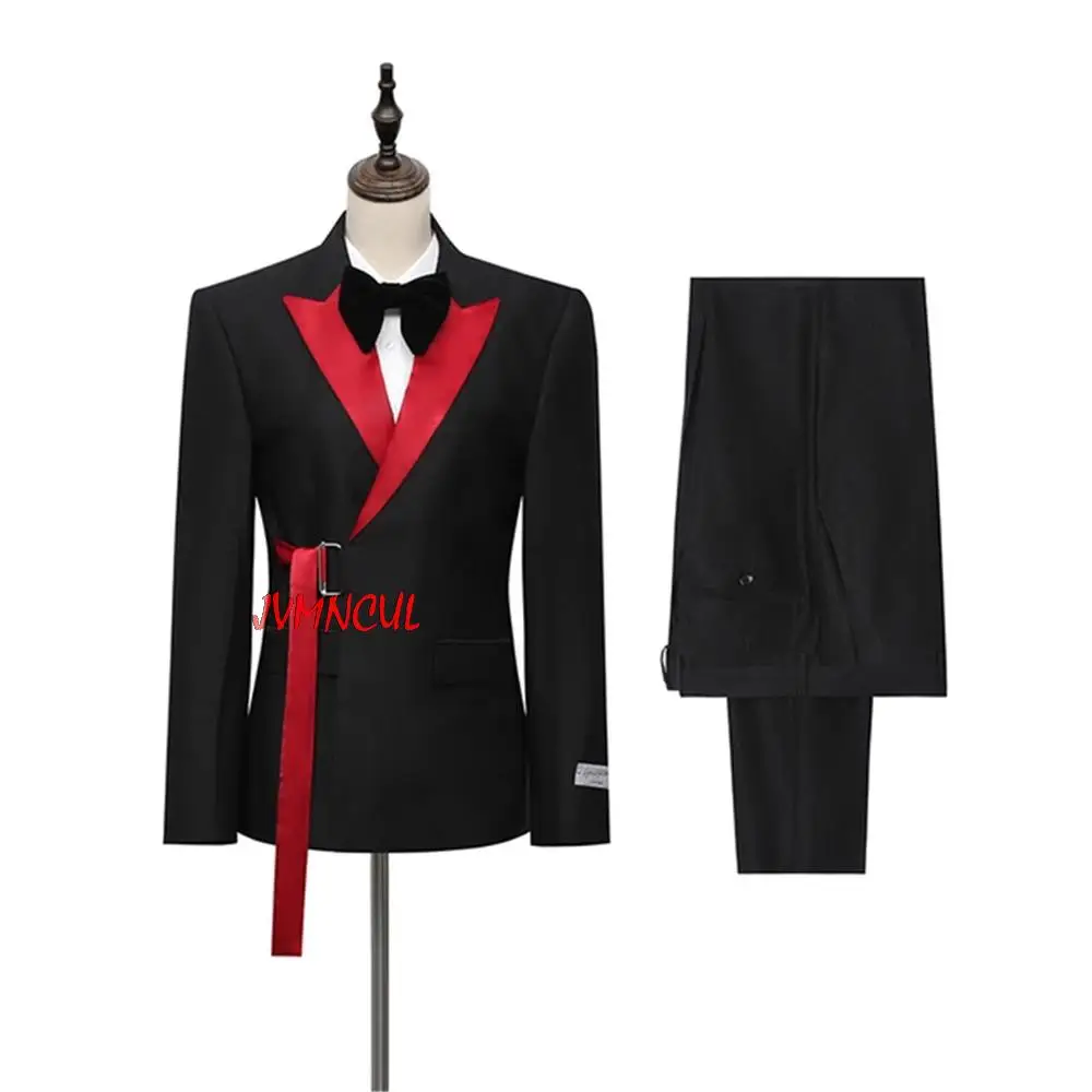 

Luxury Black Men Suits With Belt Red Lapel Costume Homme Wedding Groom Tuxedo Terno Masculino Slim Fit Blazer 2 Pc Jacket Pant