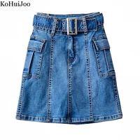 kohuijoo vintage denim skirt women 2022 washing high waist slim hottie sexy short skirts solid pencil jean skirt belt casual
