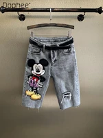 cartoon embroidery denim shorts womens 2022 summer thin high waist stretch slim fit cropped pants straight ripped short pants