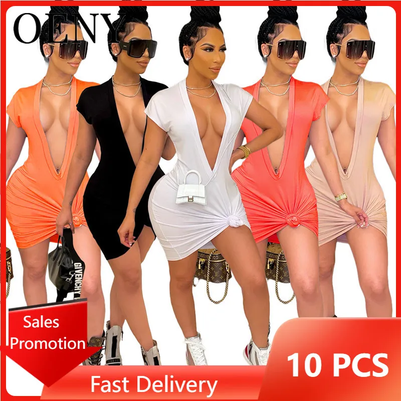 

2022 New Deep V-Neck Dresses for Women Party Summer Sexy Short Sleeve Solid Color Casual Minidress Wholesale Items O7083