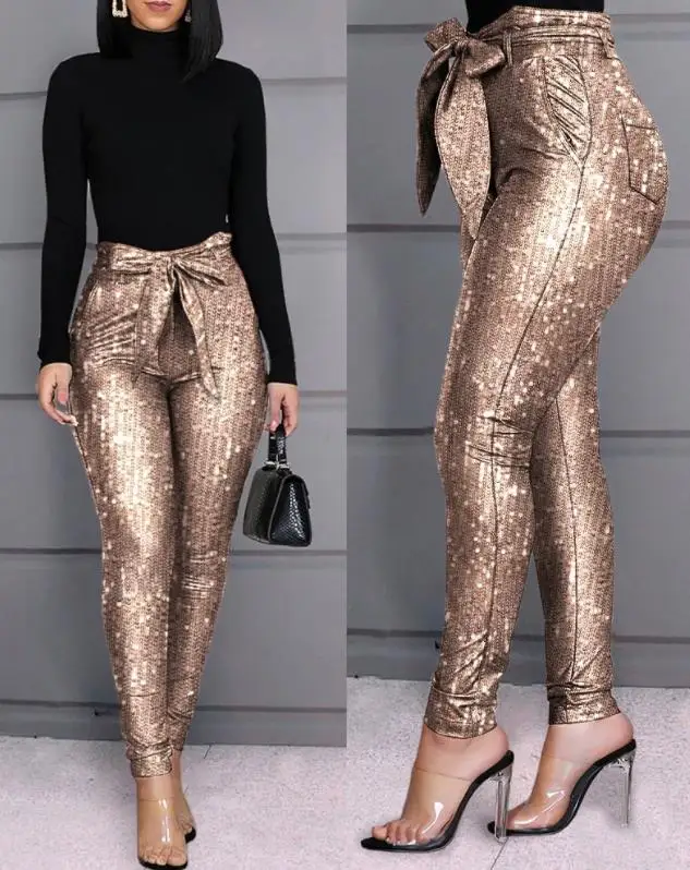 

Women's Pants Glamorous High Waist Tied Detail Sequins Skinny Pants Skinny Sequin Skinny Daily Party Daily Party Trousers
