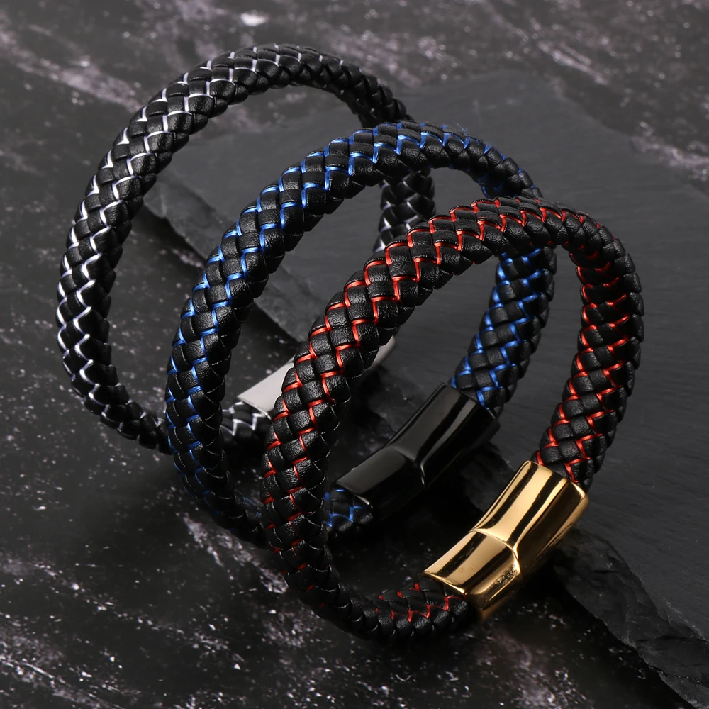 

Hot selling Men Black Genuine Leather Blue Red Wire Braided Bangle Stainless Steel Buckle Bracelets Simple Fashion Jewelry
