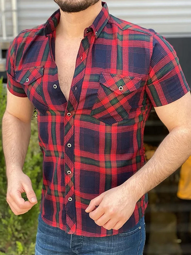 

Футболка мужская клетчатая с отложным воротником, Модный Ретро пуловер на пуговицах, топ с коротким рукавом, уличная одежда, на лето