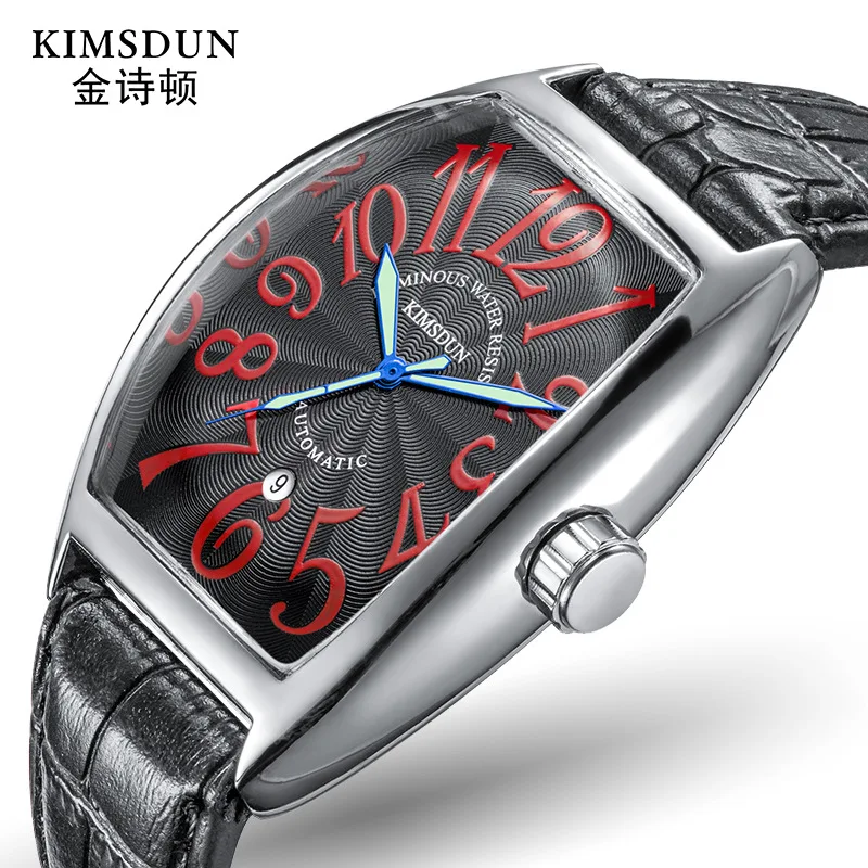 

Trend Waterproof Automatic Mechanical Wristwatches for Men Tonneau Case Watches Calendar Leather Strap Watch Reloj Hombre