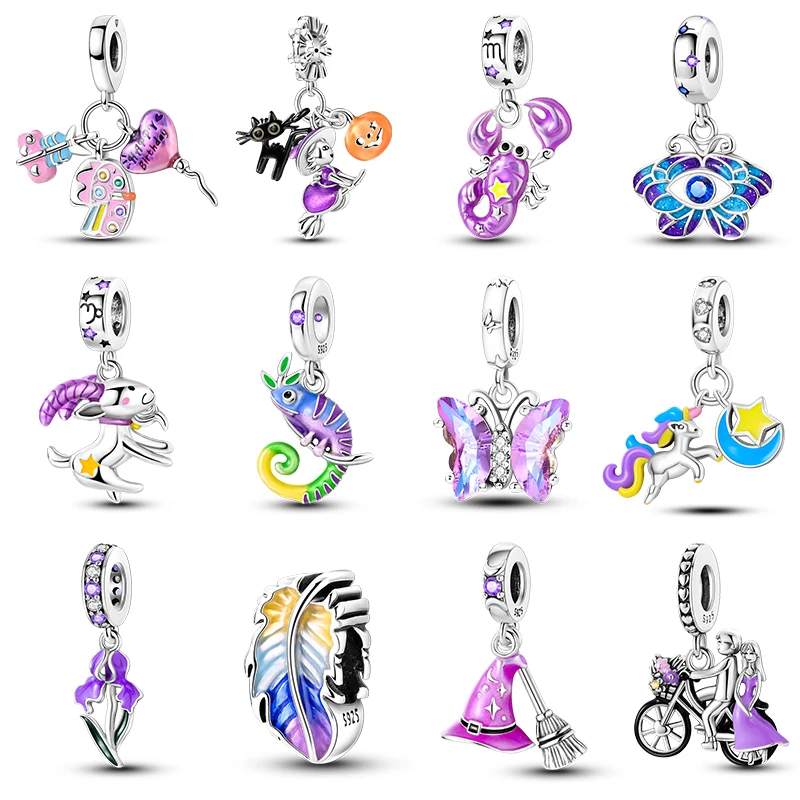 

100% 925 Sterling Silver Purple Color Series Chameleon Butterfly Balloon Charms Beads Fit Pandora Original Bracelets DIY Jewelry