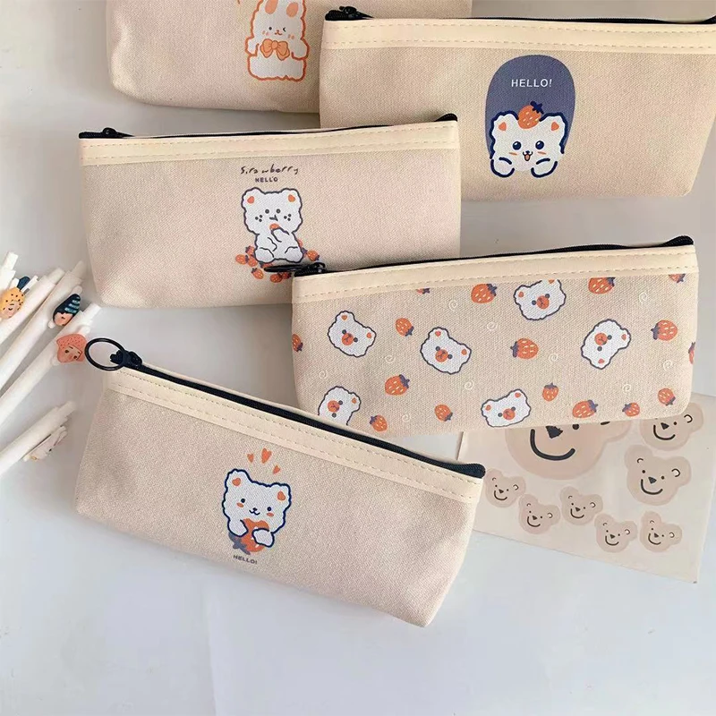 

1Pc Vintage Floral Cuddly Bear Pencil Case Canvas Pencilcase Student Pen Holder Supplies Pencil Bag