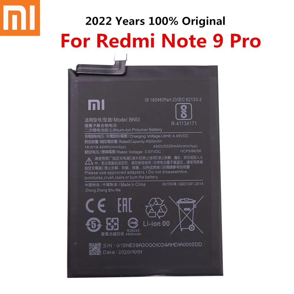 

2022 года, 100% оригинальный аккумулятор Xiao Mi для Xiaomi Redmi note 9 Pro Note9 pro, 5020 мАч, BN53, сменный аккумулятор
