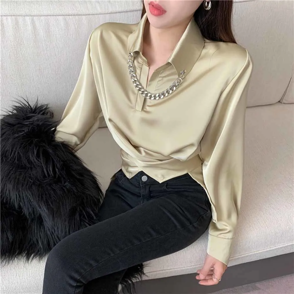 

Korean chain Silk Women Shirts Satin Blouses Women Long Sleeve Shirts Tops Woman Silk Shirt Tops Woman Satin Blouses