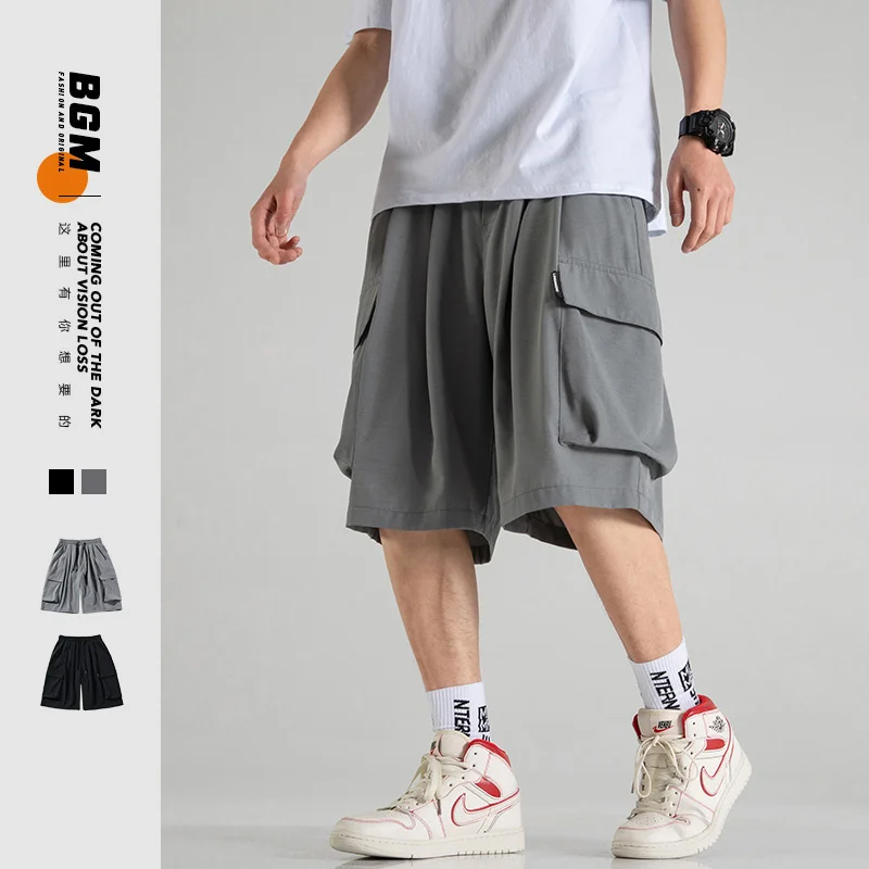 

2023 Summer New Japanese Style Lare Size Tin Sorts Men Loose Knee Lent Pants ip op Streetwear Male Sort Trousers