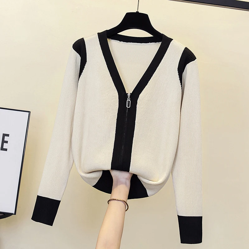 Женский вязаный кардиган на молнии с длинным рукавом