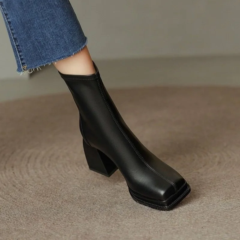 2022 Square Low Heel Fashion Ankle Boots Genuine Leather Short Boots Square Toe Zipper Winter Women Shoes Size 34-39