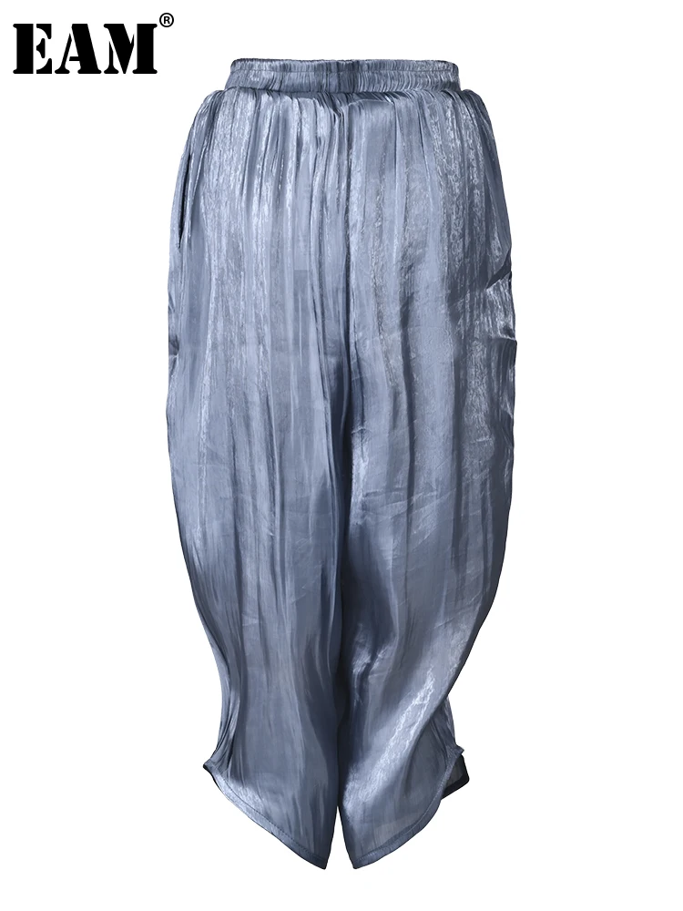 

[EAM] синие тонкие плиссированные широкие длинные брюки с высокой эластичной резинкой на талии, новые свободные женские брюки, модные весенне-осенние 2023 1DF8050