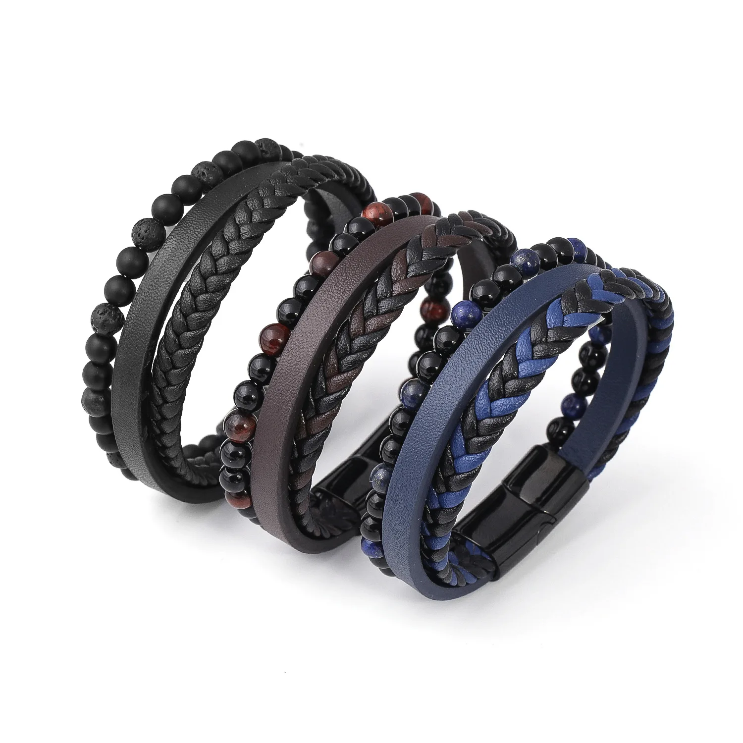 

Stainless Steel Leather Male‘s Bracelet Creative Three Layers Natural Lapis Lazuli Bracelet for Men Jewelry Cool Gift for Boy