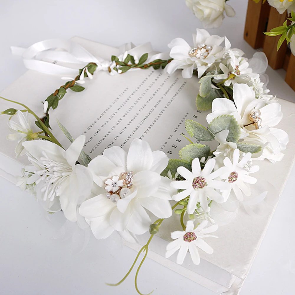 

Flower Wreath Hairbands For Women Fairy Garland Headband Pearl Rattan Headpiece Rhinestone Wedding Hair Accessories Jewelry