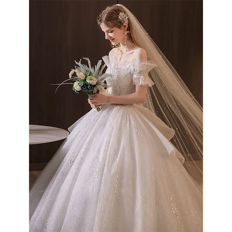 

One Shoulder Wedding Dress 2022 Bride's New French Retro Palace Style Heavy Industry Luxury Main Yarn Long Tail High Sense