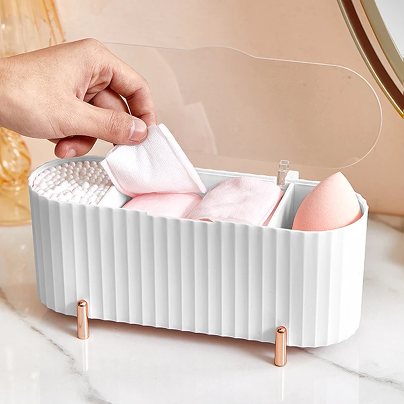 

Nordic Desktop Makeup Storage Box Organizer for Cosmetics Tray with Lid Cotton Pads Swabs Makeup Sponge Holder Bathroom Desk