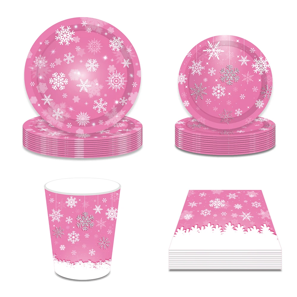 

Sweet Girl Pink Snowflakes Winter Christmas Birthday Party Disposable Tableware Sets Plates Napkins Cups Baby Party Decorations