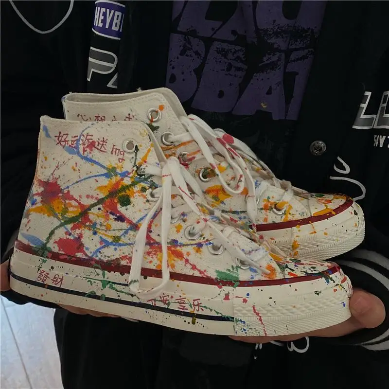 

SHANPA Graffiti High-top Canvas Casual Shoes for Women Hand-painted Print New Platform Shoes Men Breathable Comfortable Footwear