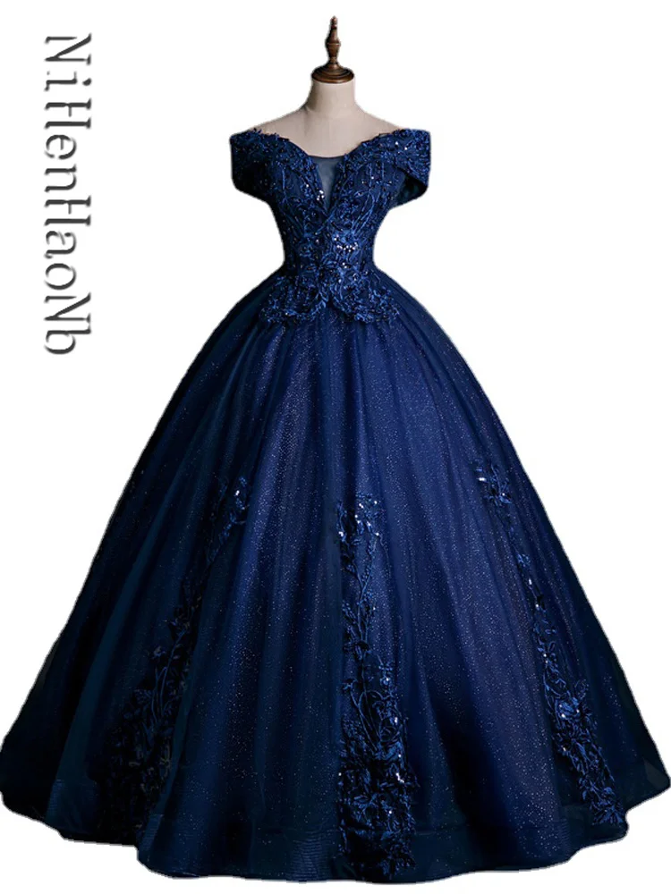 

Темно-синие платья для Quinceanera, тюлевые Бальные платья с открытыми плечами и аппликацией, милые вечерние платья 15 16