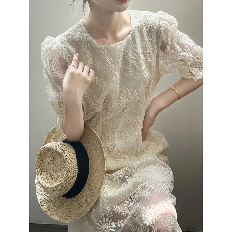 

Sweet lace dress female 2022 summer new Korean version fairy puff sleeve waist skirt