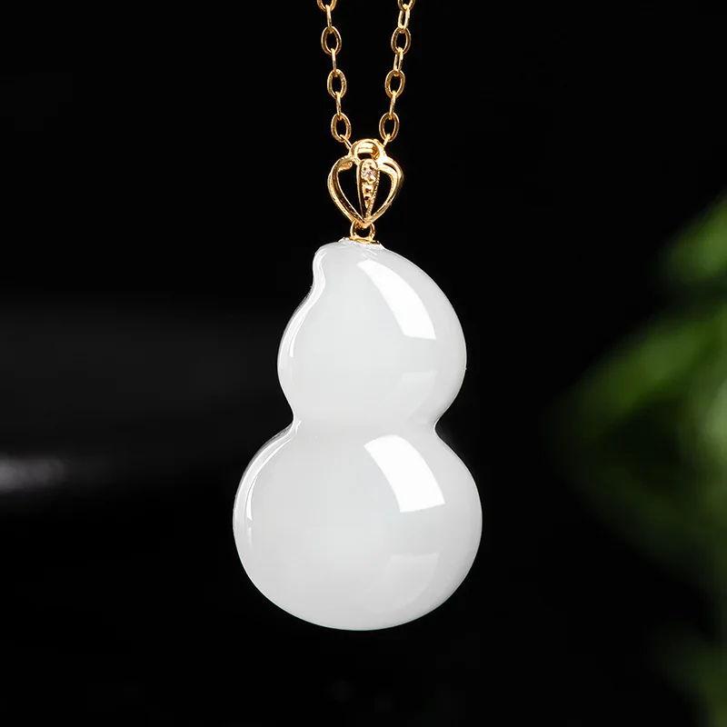 

Mai Chuang/ Hand Carved/ Hetian Whit Jade Inlay Fu Lu Necklace Pendant Fashion Elegant Jewelry Men Aand Women Couple Gift