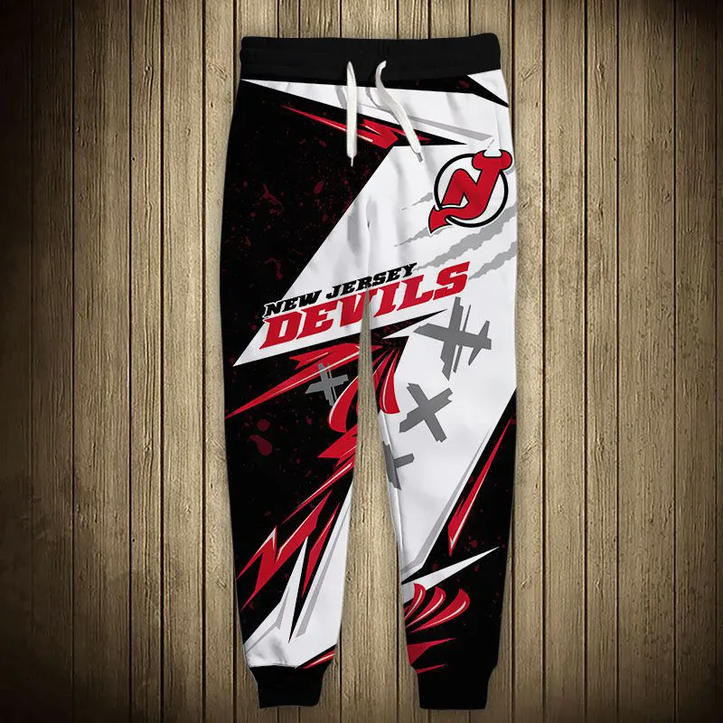 

New Jersey men's Casual Devils Sports Pants Black And White Stitching Red Flower Geometric Pattern Printing Sweatpants