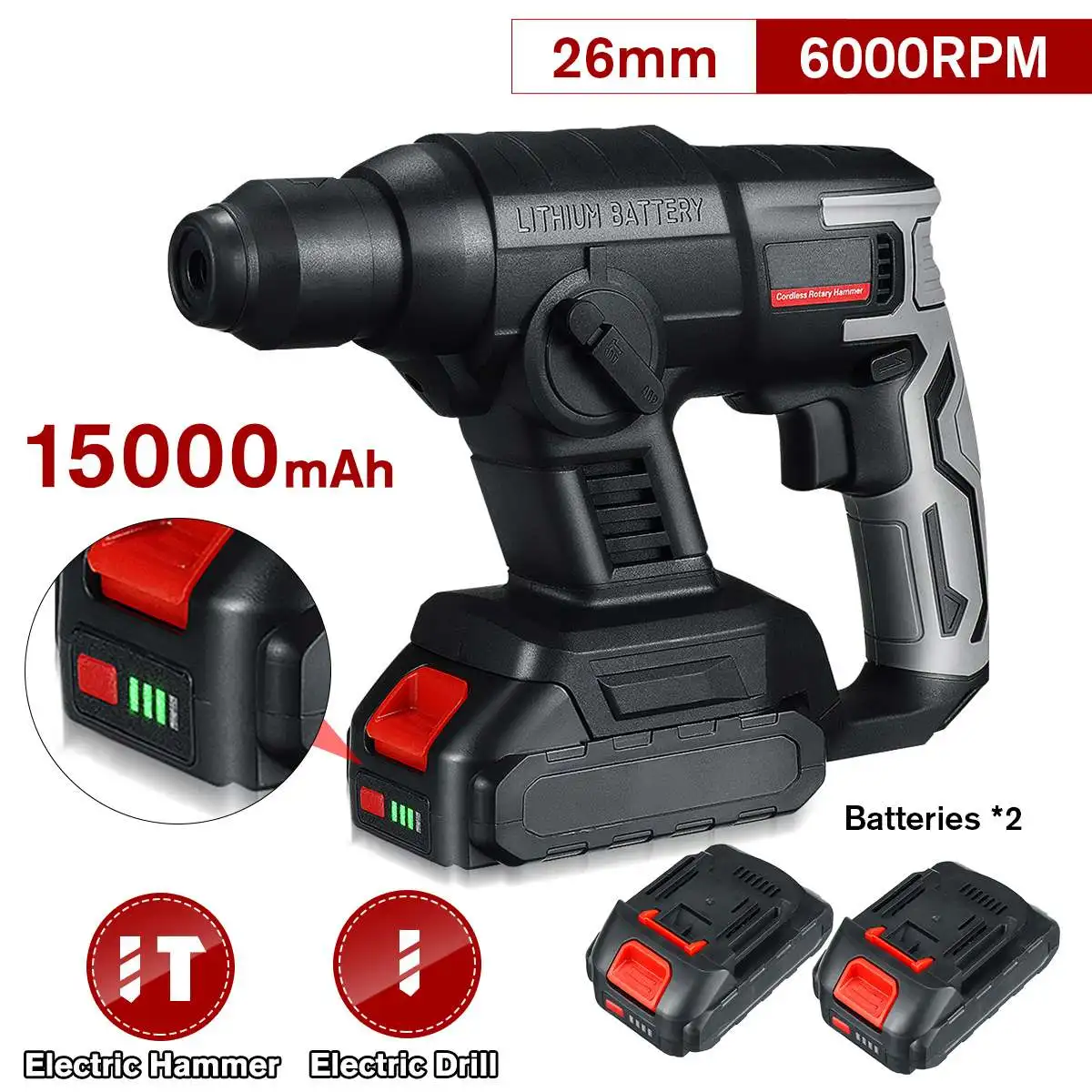 6000RPM 15000mAh 26mm Electric Rotary Hammer Rechargeable Cordless Multifunction Hammer Impact Drill for Makita 18V Battery