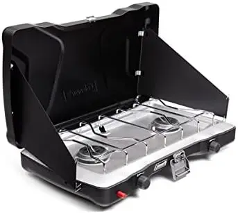 

2-Burner Propane Camping Stove with Push-Button Instant Ignition, Portable Camping Grill/Stove with Adjustable Burners, Wind Gua