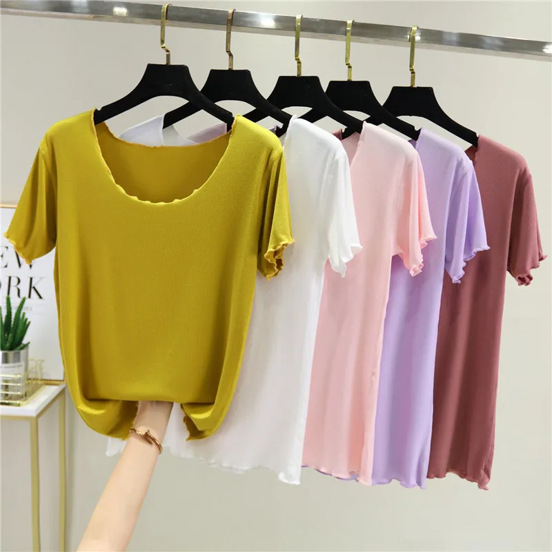 

Spring and Summer Modal Round Neck Bottoming T Shirt for Women Slim Fit Ear Collar Short Sleeve Facial Thread Top Ropa Mujer